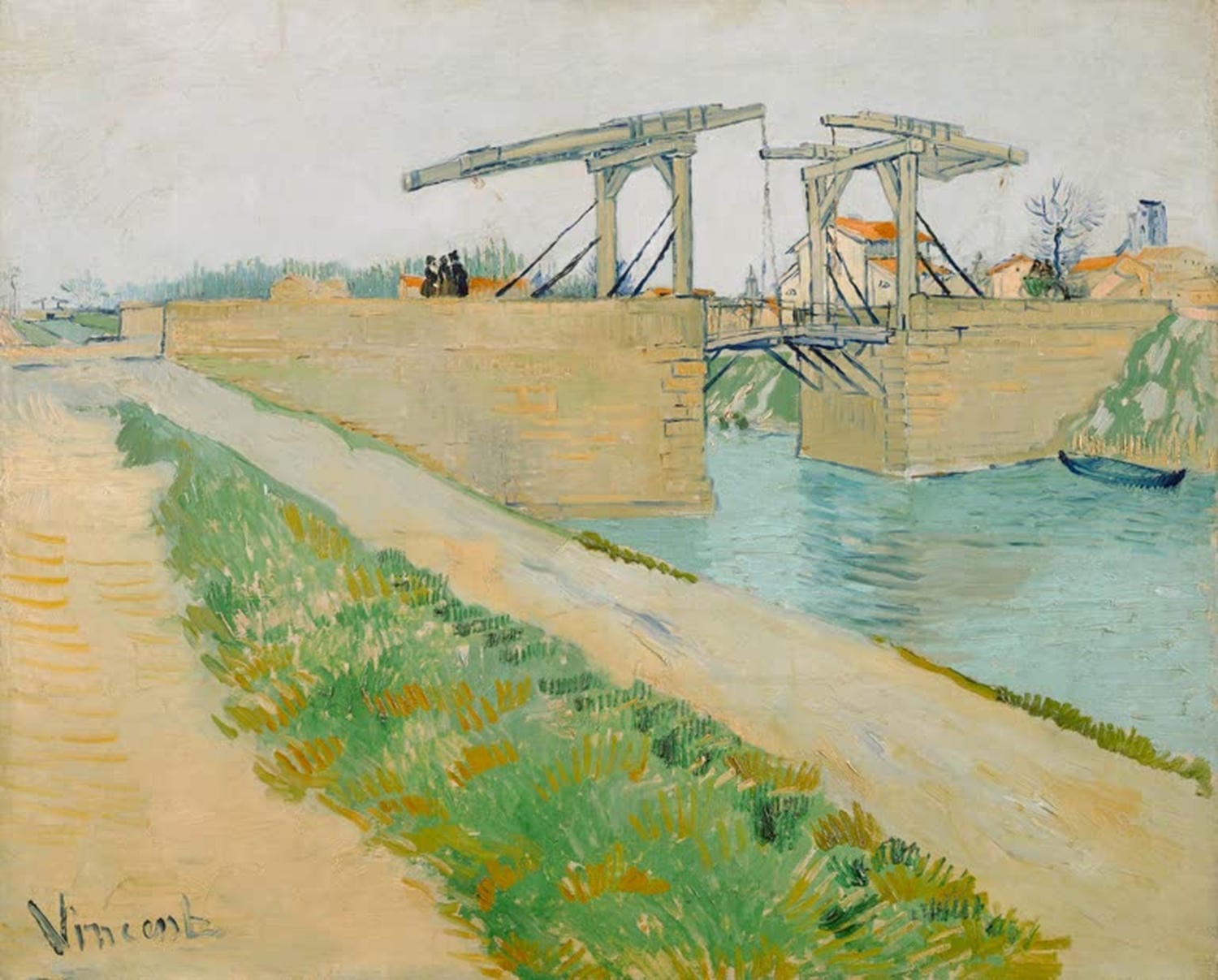 Kunstdruck des Gemäldes „Die Brücke von Langlois bei Arles“ von Vincent van Gogh mit Holzbrücke über einem Kanal, heller Landschaft und typischen kräftigen Farben.