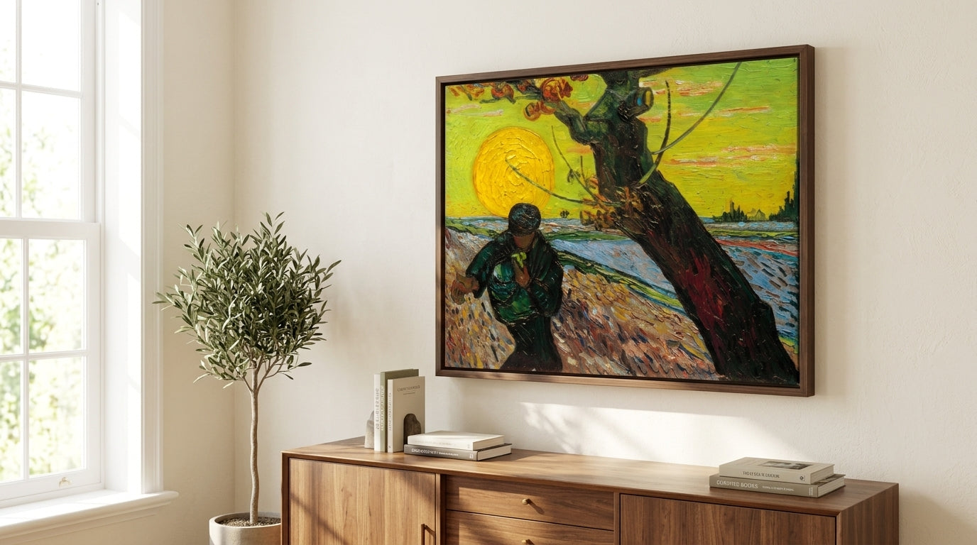 Der Sämann bei untergehender Sonne von Vincent van Gogh als Kunstdruck an der Wand hängend mit Schattenfugenrahmen