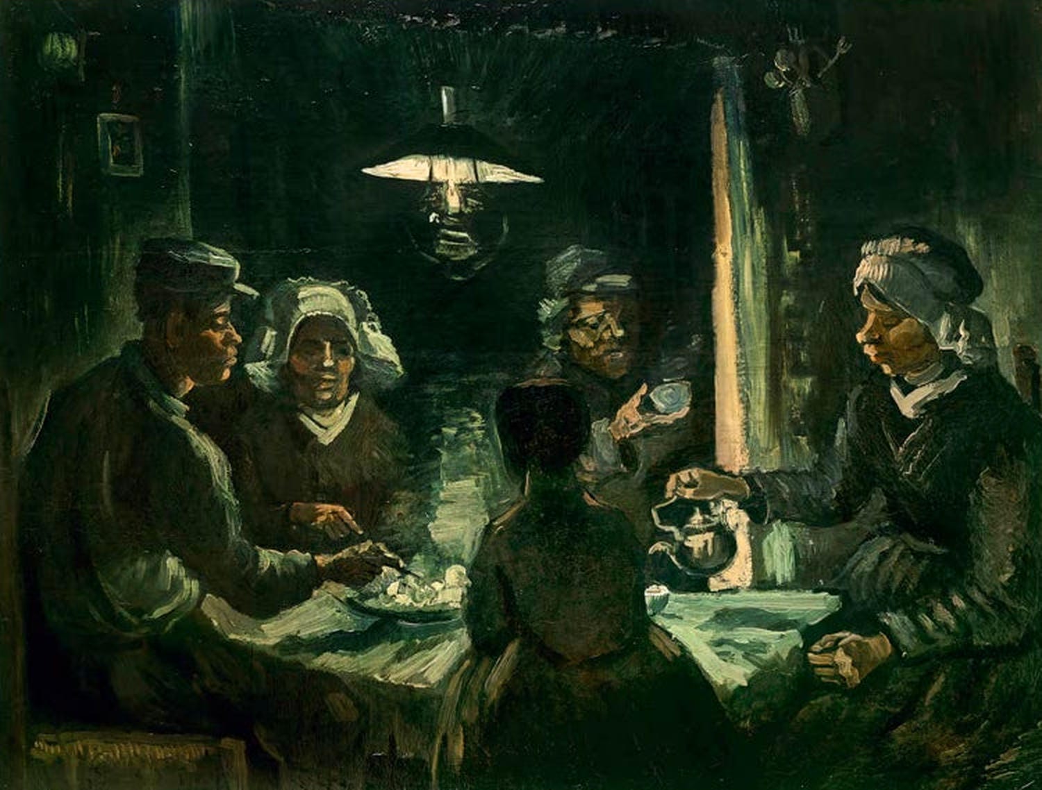 Kunstdruck „Die Kartoffelesser“ von Vincent van Gogh zeigt eine bäuerliche Familie beim Essen, in dunklen, erdigen Farbtönen und ausdrucksstarkem Pinselstrich.