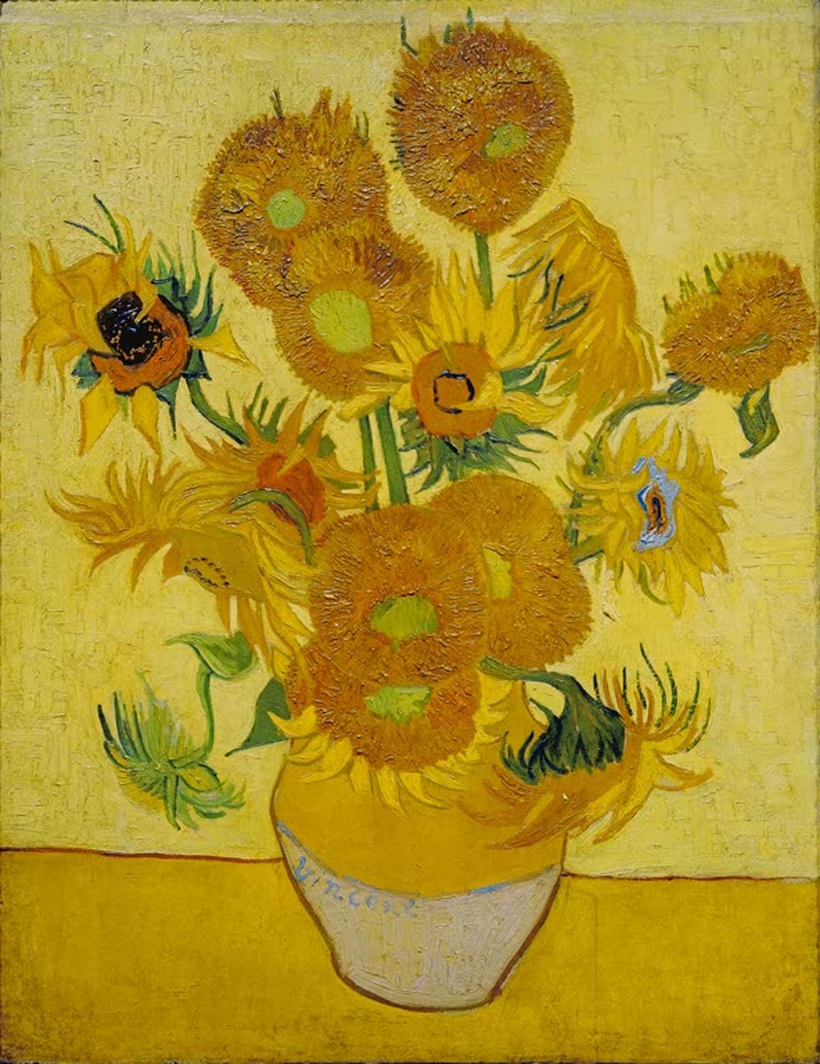 Kunstdruck Fünfzehn Sonnenblumen von Vincent van Gogh mit leuchtend gelben Sonnenblumen in einer Vase vor hellem Hintergrund.