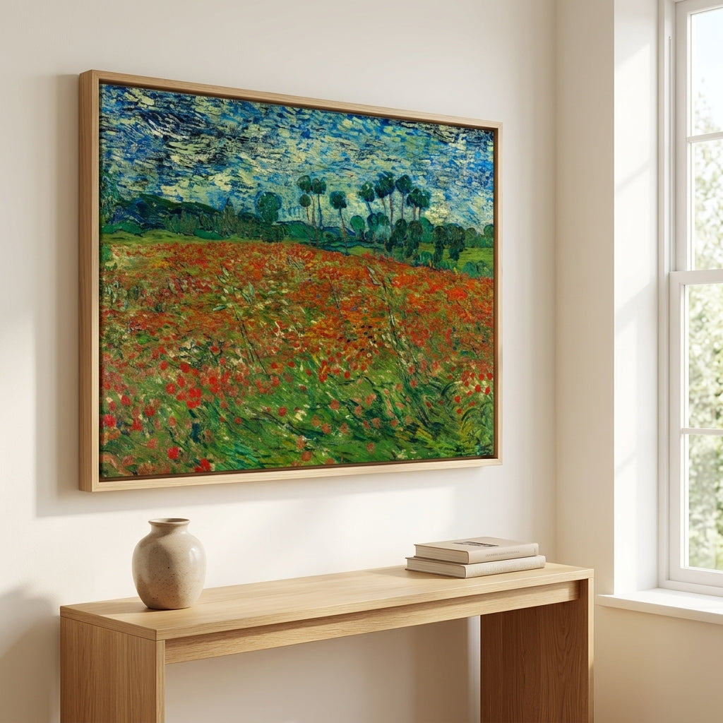 Vincent van Gogh Kunstdruck Feld mit Mohnblumen Auves-sur-Oise mit roten Mohnblumen und blauem Himmel an der Wand hängend in einem Schattenfugenrahmen