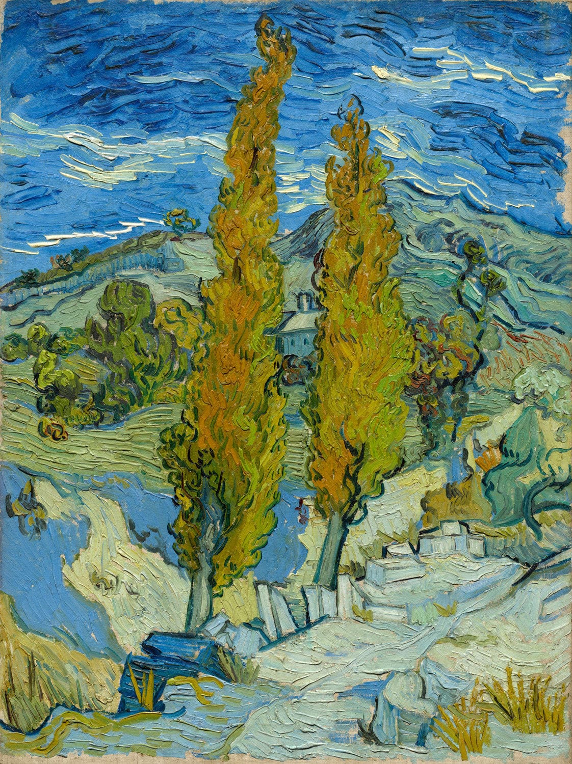 Vincent van Goghs „Die Pappeln in Saint-Rémy“ zeigt eine herbstliche Landschaft mit kräftig geschwungenen Pappeln, die sich gegen einen dunkler werdenden Himmel lehnen.