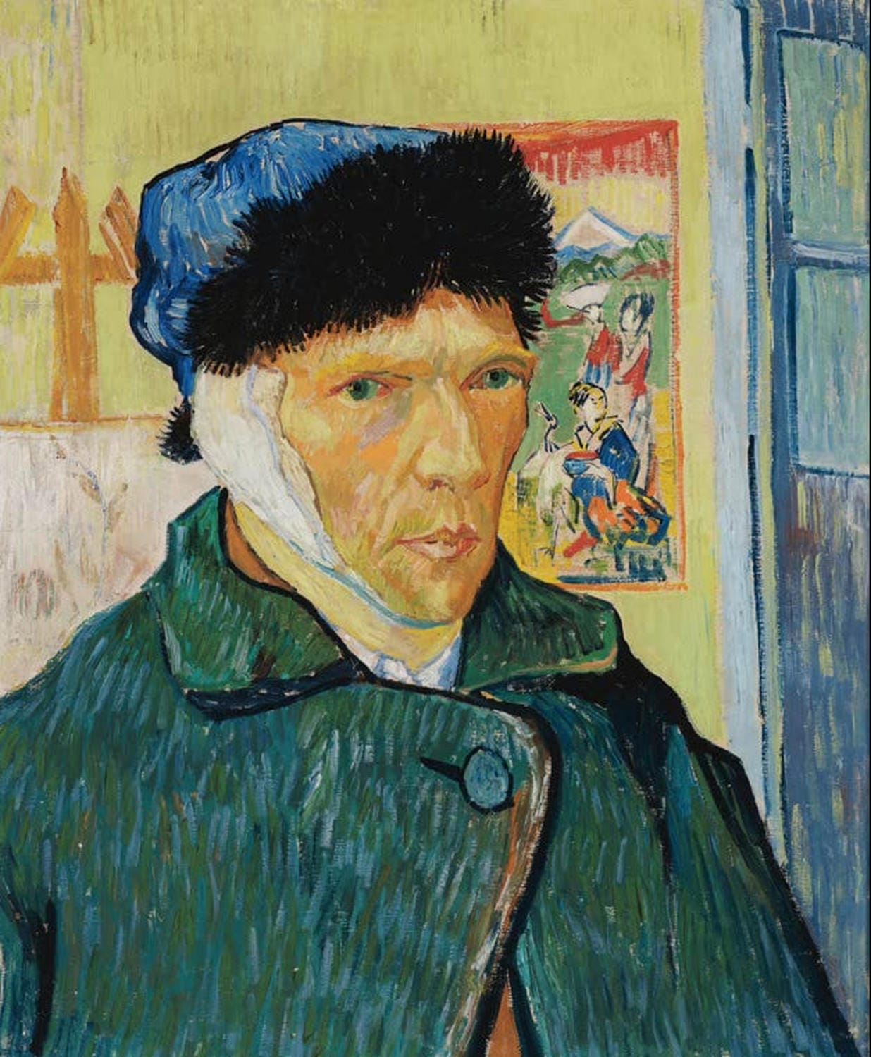 Selbstbildnis mit verbundenem Ohr von Vincent van Gogh in gelb, grün und blau als Kunstdruck