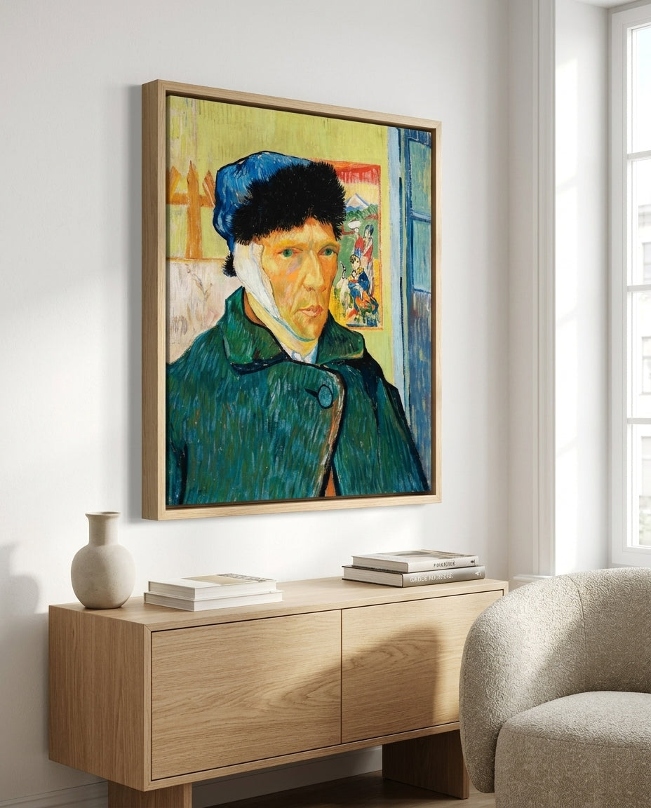 Vincent van Gogh Selbstbildnis mit verbundenem Ohr auf Leinwand im Schattenfugenrahmen an der Wand hängend