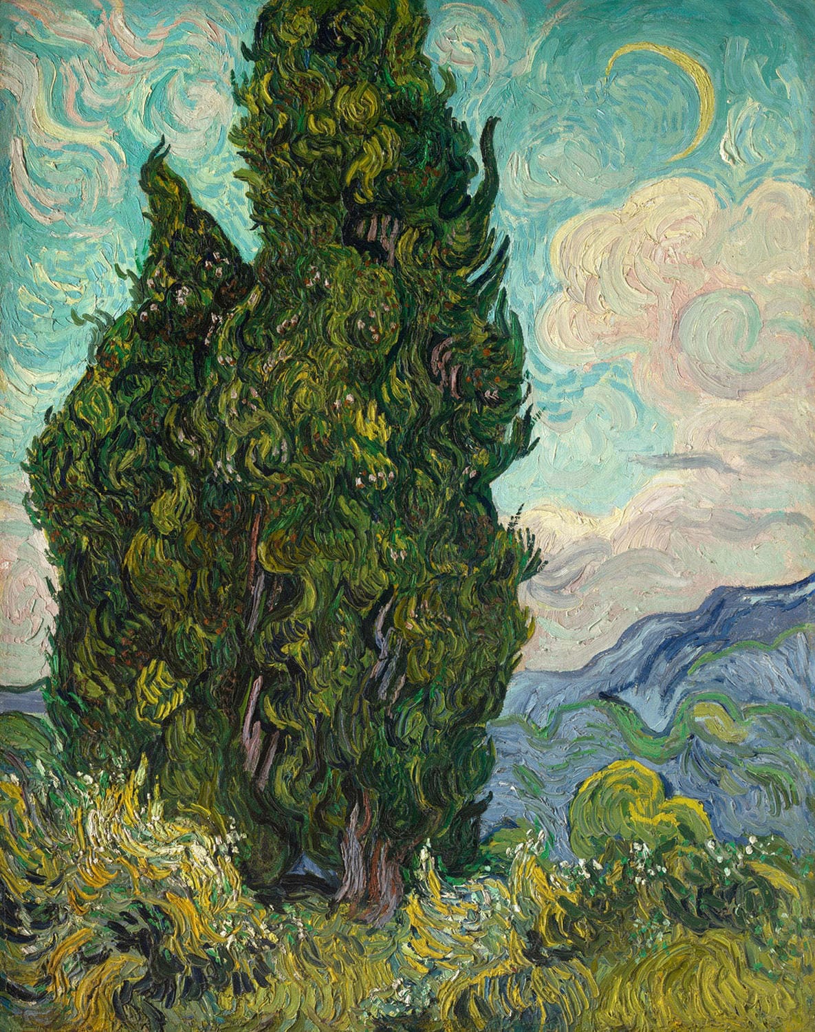 Majestätische Zypressen unter einem dramatischen Himmel, gemalt von Vincent van Gogh im Jahr 1889, im Postimpressionismus-Stil.