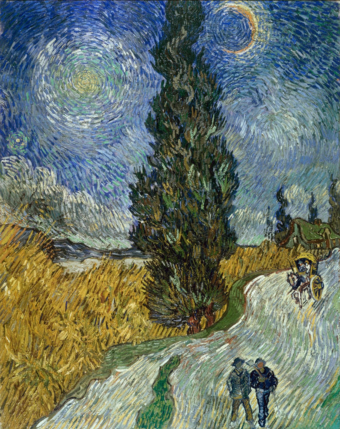 Zypressenweg bei Nacht mit funkelndem Sternenhimmel, gemalt in lebhaften Farben von Vincent van Gogh.