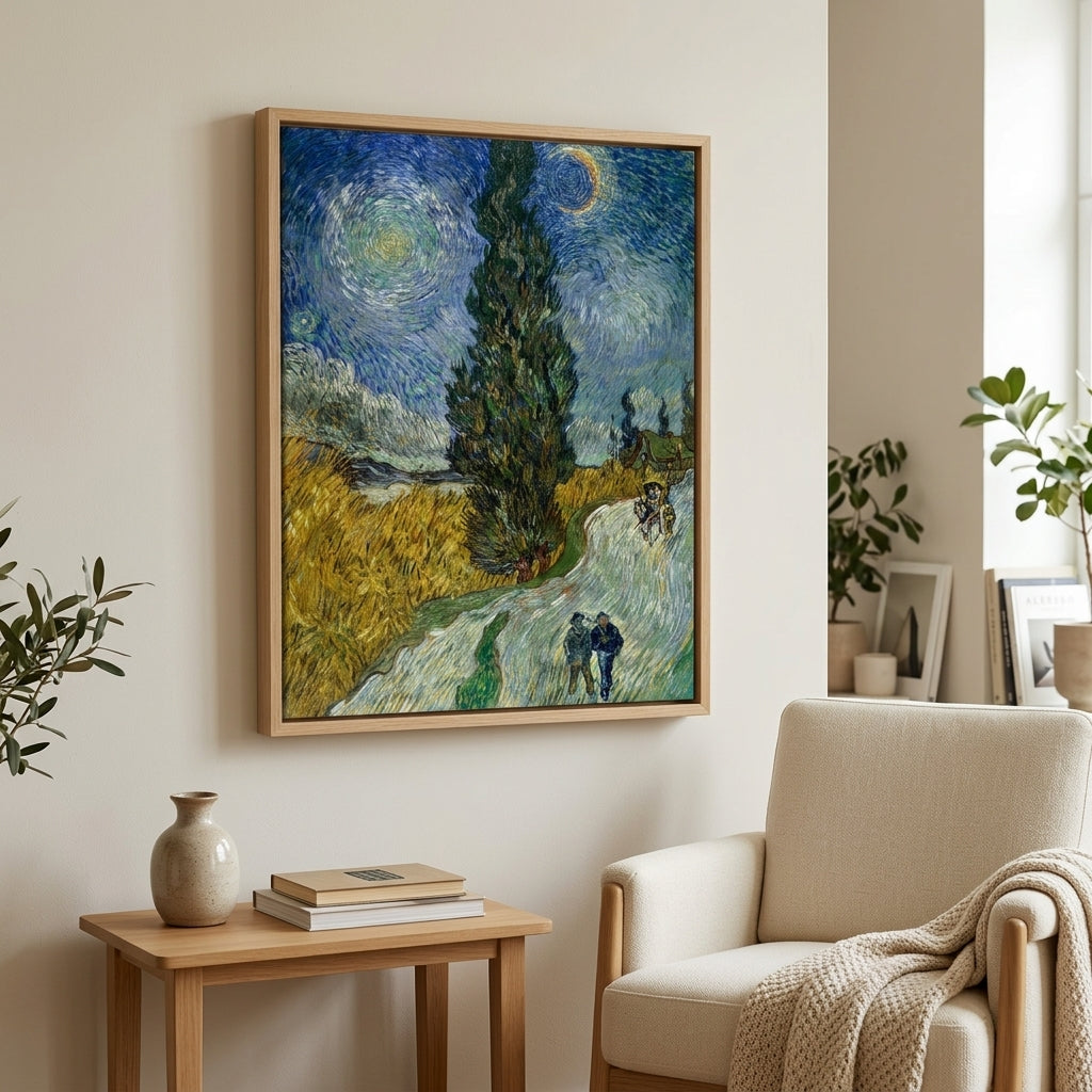 Vincent van Gogh Zypressenweg unter dem Sternenhimmel an der Wand hängend auf Leinwand im Schattenfugenrahmen