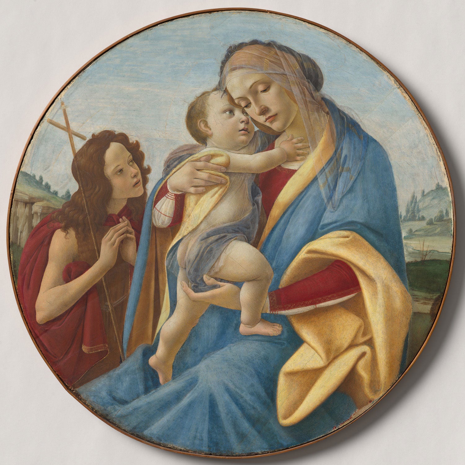 Virgin and Child with the Young Saint John the Baptist von Sandro Botticelli, ein Renaissance-Gemälde, das die Jungfrau Maria mit dem Kind und dem jungen Johannes dem Täufer zeigt.