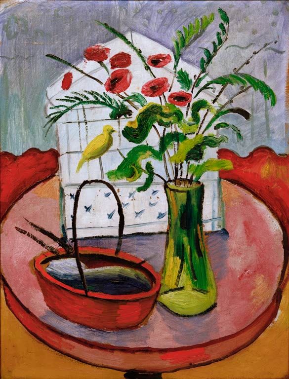 Kunstdruck des Gemäldes „Vogelbauer“ von August Macke. Hochwertig in Deutschland von Hand gefertigt, erhältlich als Poster oder Leinwand und optional gerahmt.
