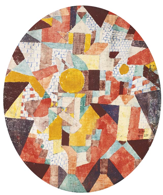 Kunstdruck „Vollmond innerhalb von Mauern“ von Paul Klee mit abstrakter Architektur und leuchtendem Vollmond