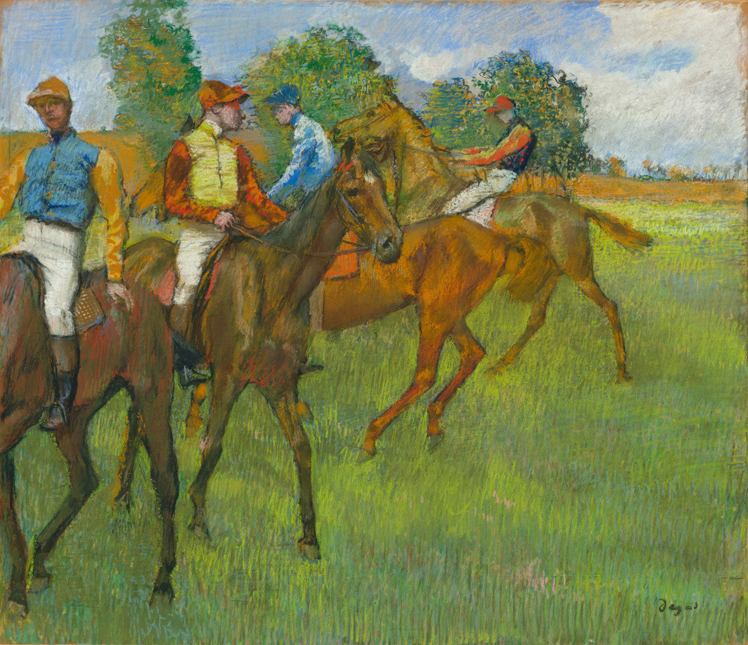 Impressionistisches Gemälde 'Vor dem Rennen' von Edgar Degas, das die gespannte Atmosphäre und Bewegung kurz vor dem Start eines Pferderennens einfängt.