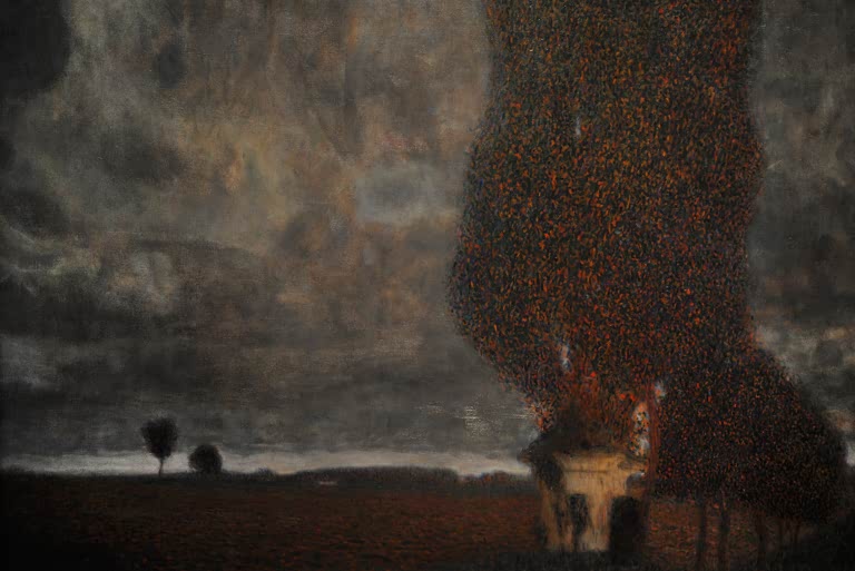 Kunstdruck des Gemäldes „Vor dem Gewitter“ von Gustav Klimt – hochwertige Reproduktion einer stimmungsvollen Landschaftsdarstellung.
