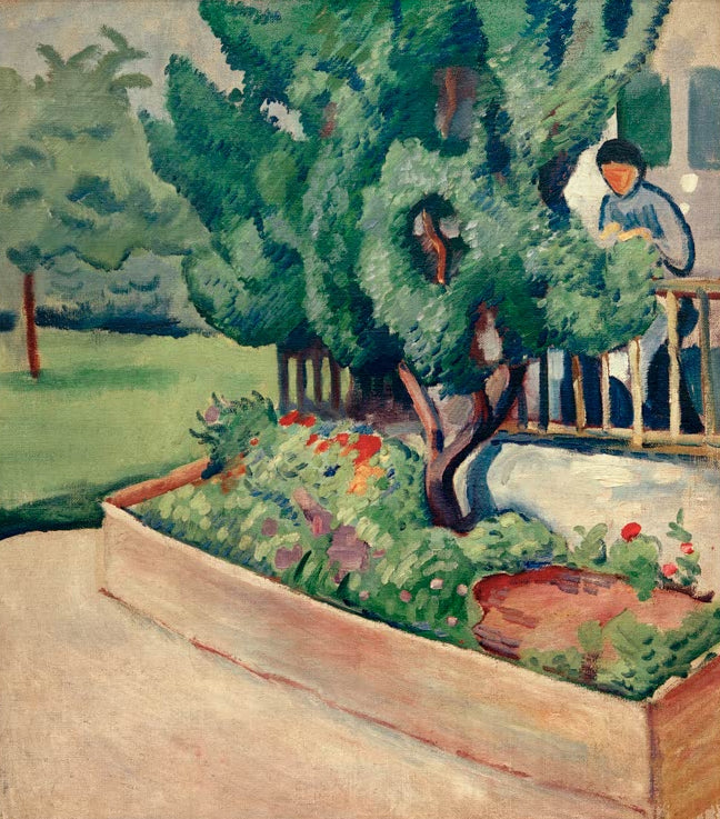 Kunstdruck des Gemäldes „Vor dem Haus in Tegernsee I“ von August Macke. Hochwertig in Deutschland von Hand gefertigt, erhältlich als Leinwand oder Poster und optional gerahmt.