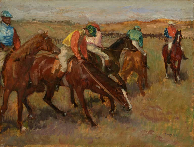 Kunstdruck des Gemäldes Vor dem Rennen von Edgar Degas mit Pferden und Jockeys vor einem Pferderennen.