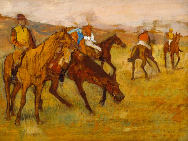 Kunstdruck von „Vor dem Rennen“ von Edgar Degas, handgefertigt in Deutschland als Leinwand oder Poster erhältlich
