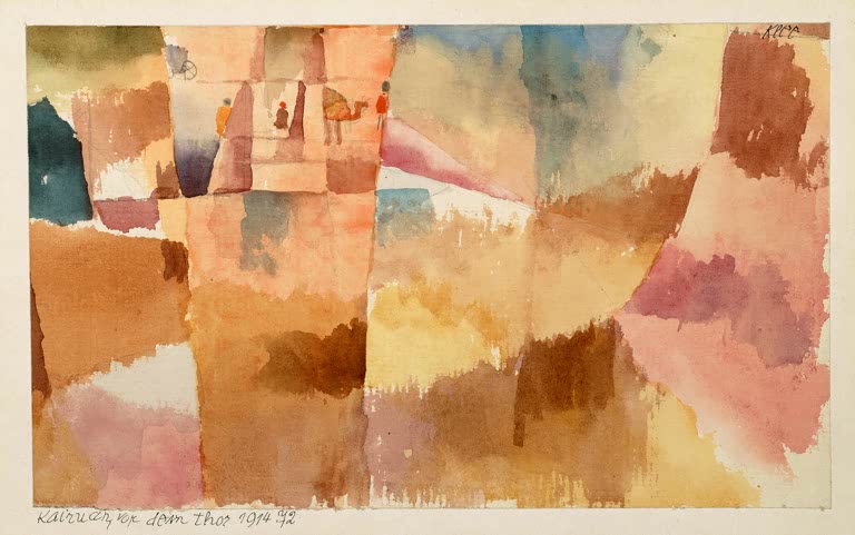 Kunstdruck „Vor den Toren von Kairouan“ von Paul Klee mit abstrakter Landschaft und geometrischen Formen