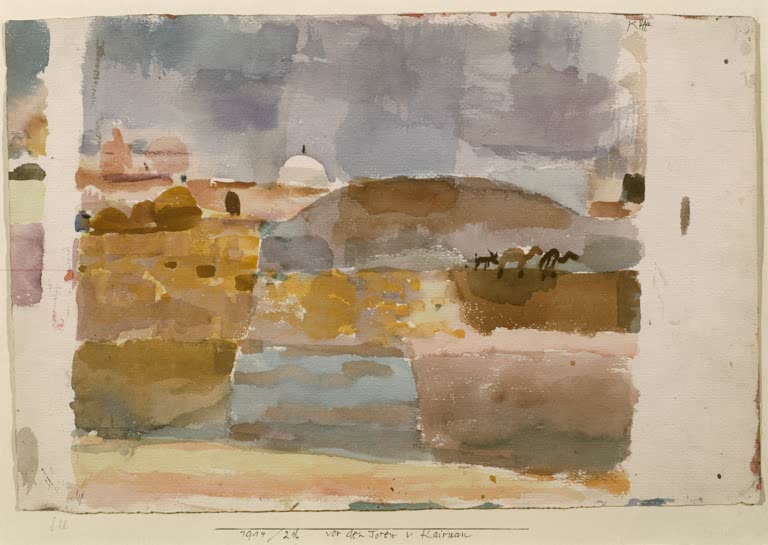 Kunstdruck von „Vor den Toren von Kairouan“ von Paul Klee mit abstrakter Landschaftsdarstellung und harmonischen Farbflächen.