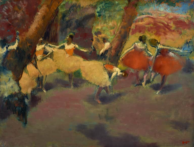 Kunstdruck des Gemäldes Vor der Aufführung von Edgar Degas mit Balletttänzerinnen kurz vor ihrem Bühnenauftritt.