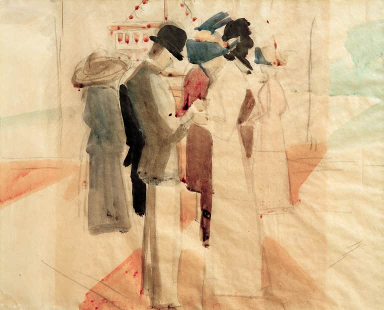 Kunstdruck des Gemäldes „Vor der Regatta“ von August Macke. Hochwertig in Deutschland von Hand gefertigt, erhältlich als Leinwand oder Poster und optional gerahmt.
