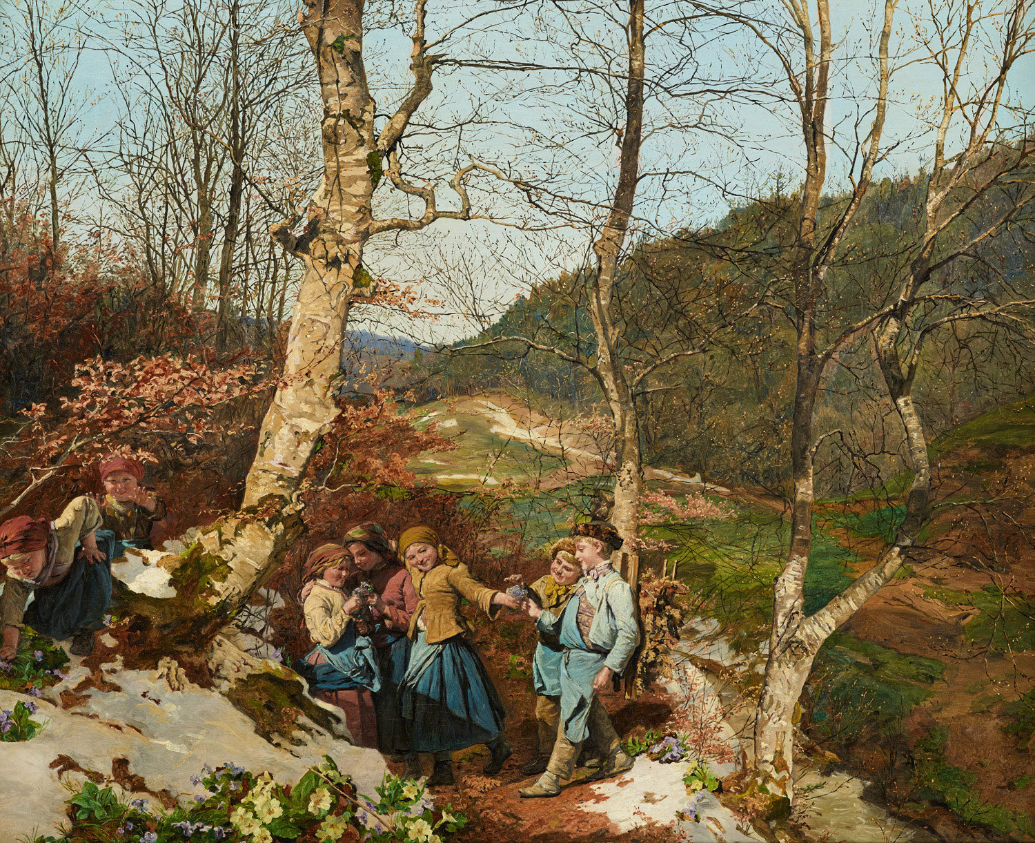 Gemälde 'Vorfrühling im Wienerwald' von Ferdinand Georg Waldmüller. Eine sonnendurchflutete Waldszene im frühen Frühling. Im Vordergrund blühen zahlreiche violette Veilchen auf dem Waldboden. Drei Figuren in ländlicher Kleidung sind zu sehen: Eine junge Frau kniet und pflückt Veilchen, ein junges Mädchen steht daneben mit einem Korb.