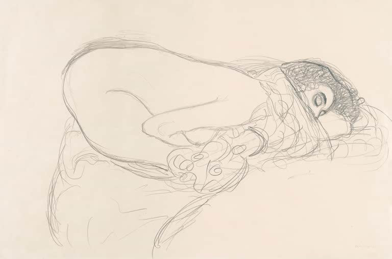 Kunstdruck des Gemäldes „Vornübergebeugter Halbakt (Vorarbeit zum Bild Leda)“ von Gustav Klimt – hochwertige Reproduktion einer Aktstudie.