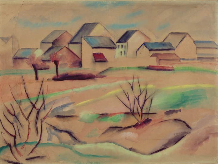 Kunstdruck des Gemäldes „Vorstadthäuser“ von August Macke. Hochwertig in Deutschland von Hand gefertigt, erhältlich als Poster oder Leinwand und optional gerahmt.