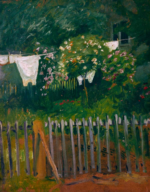 Kunstdruck des Gemäldes „Wäsche im Garten in Kandern“ von August Macke. Hochwertig in Deutschland von Hand gefertigt, erhältlich als Poster oder Leinwand und optional gerahmt.