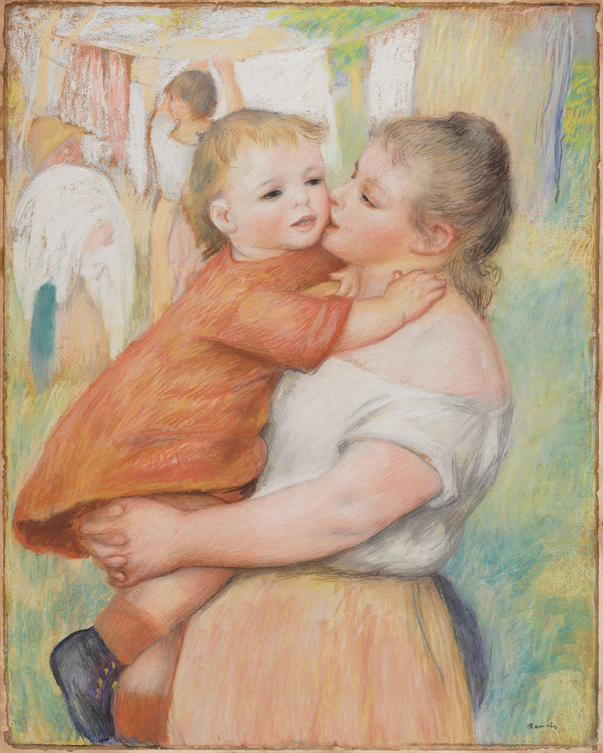 Das Gemälde „Die Wäscherin und ihr Kind (Aline und Pierre)“ von Pierre-Auguste Renoir zeigt Aline Charigot, die zukünftige Frau des Künstlers, mit ihrem Sohn Pierre. Dieses Pastellbild, entstanden um 1886, fängt die Zartheit und Wärme der Mutter-Kind-Beziehung ein und reflektiert Renoirs Meisterschaft im Umgang mit Licht und Farbe. 