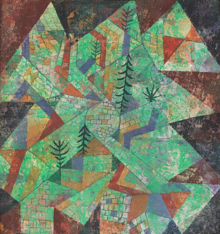 Kunstdruck von „Wald Bau“ von Paul Klee mit abstrakter Waldlandschaft und geometrischer Komposition in harmonischen Farben.