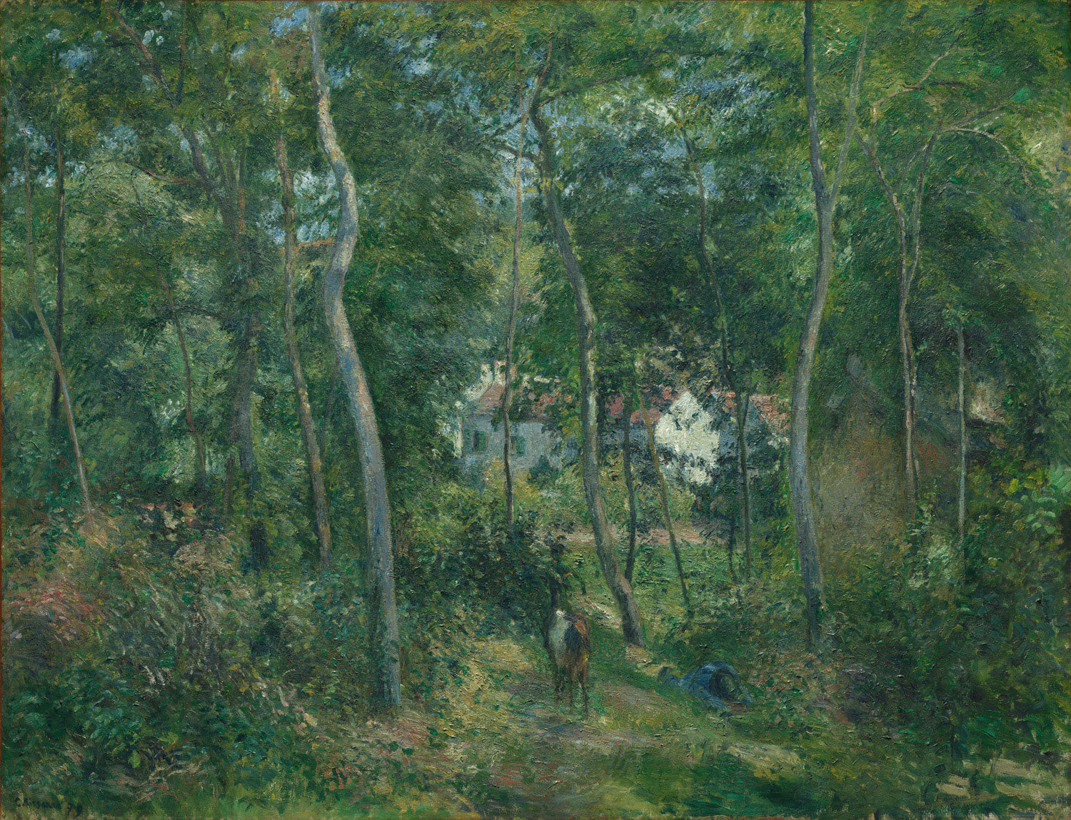 Das Gemälde „Waldrand bei L'Hermitage, Pontoise“ von Camille Pissarro zeigt eine idyllische Landschaftszene mit einem Waldrand in sanften Farben. Der Pinselstrich vermittelt den ländlichen Charme der Natur in Pontoise.