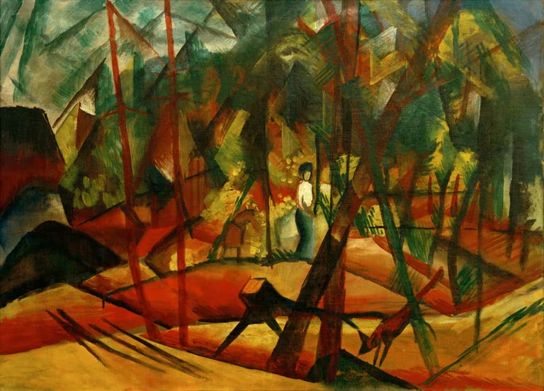 Kunstdruck des Gemäldes „Waldspaziergang“ von August Macke. Hochwertig in Deutschland von Hand gefertigt, erhältlich als Leinwand oder Poster und optional gerahmt.