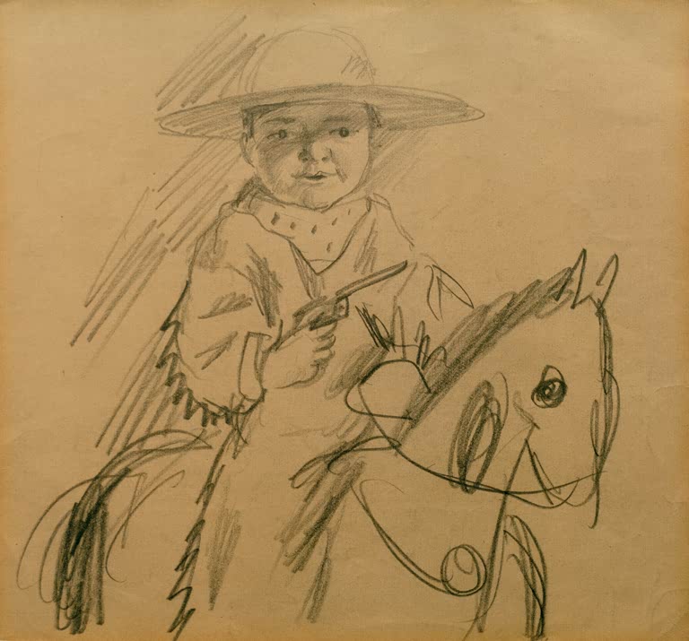Kunstdruck des Gemäldes „Walter als Cowboy“ von August Macke. Hochwertig in Deutschland von Hand gefertigt, erhältlich als Poster oder Leinwand und optional gerahmt.