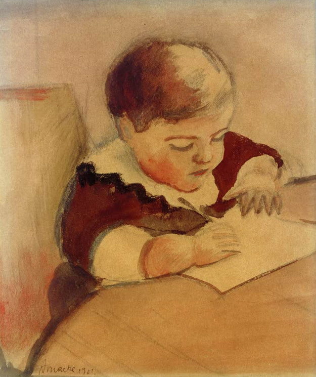 Kunstdruck des Gemäldes „Walter, am Tisch malend“ von August Macke. Hochwertig in Deutschland von Hand gefertigt, erhältlich als Leinwand oder Poster und optional gerahmt.