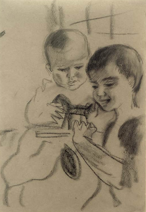 Kunstdruck des Gemäldes „Walter und Wolfgang mit Pferdchen“ von August Macke. Hochwertig in Deutschland von Hand gefertigt, erhältlich als Poster oder Leinwand und optional gerahmt.