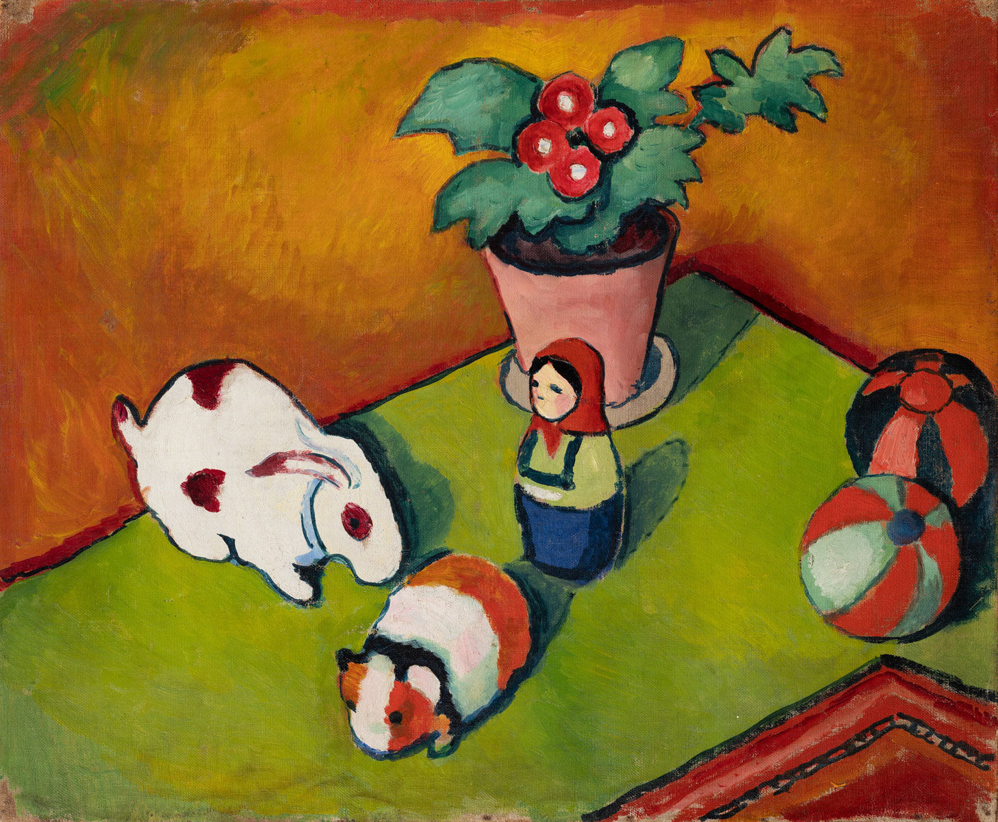 Bunte, expressionistische Darstellung von Kinderspielzeug, gemalt von August Macke im Jahr 1912.