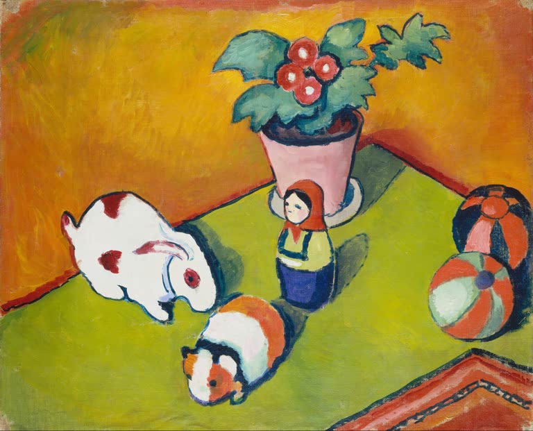 Kunstdruck des Gemäldes „Walterchens Spielsachen“ von August Macke. Hochwertig in Deutschland von Hand gefertigt, erhältlich als Poster oder Leinwand und optional gerahmt.