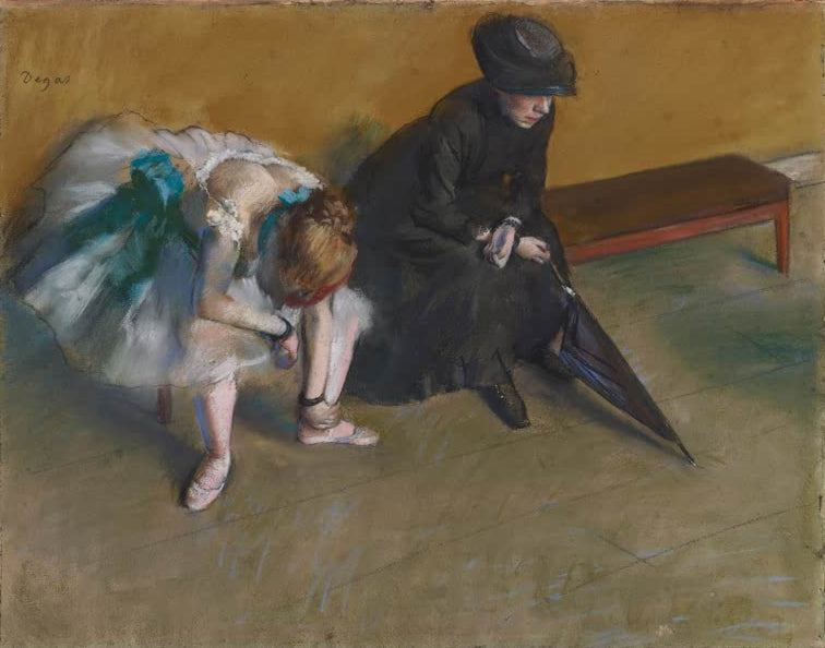 Kunstdruck des Gemäldes Warten von Edgar Degas mit einer Frau in einer ruhigen, wartenden Alltagsszene.