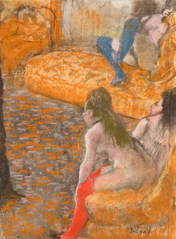 Kunstdruck des Gemäldes Wartende Kundin von Edgar Degas mit der Darstellung einer wartenden Frau in einem Innenraum.