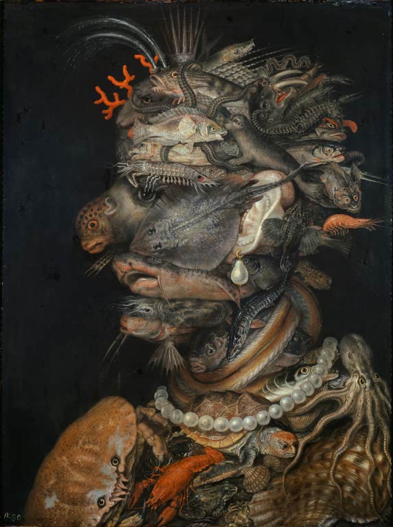 Kunstdruck „Wasser“ von Giuseppe Arcimboldo mit einem fantasievollen Porträt aus Fischen, Muscheln und weiteren Meerestieren