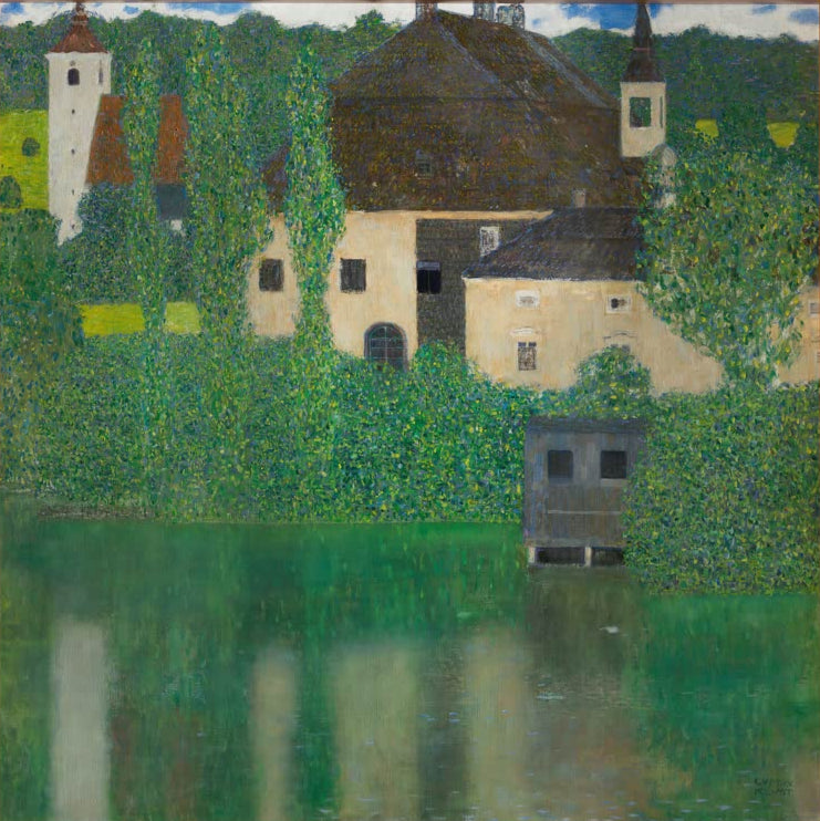 Kunstdruck von „Wasserschloss (Schloss Kammer bei Attersee I)“ von Gustav Klimt mit stimmungsvoller Seelandschaft und detailreicher Architektur. Als Leinwand oder Poster erhältlich.