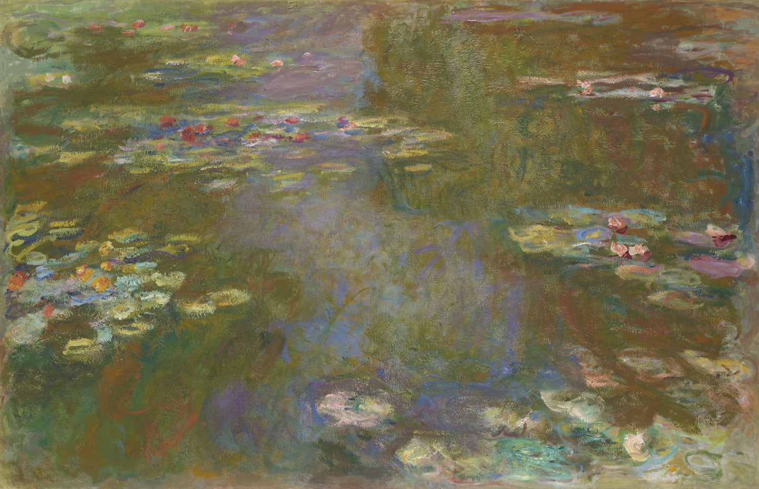 Detailreiches Kunstwerk von Claude Monet, Water Lily Pond (1917-1919), zeigt einen idyllischen Seerosenteich mit sanften Farben und impressionistischen Lichtreflexionen, inspiriert von Monets Garten in Giverny.