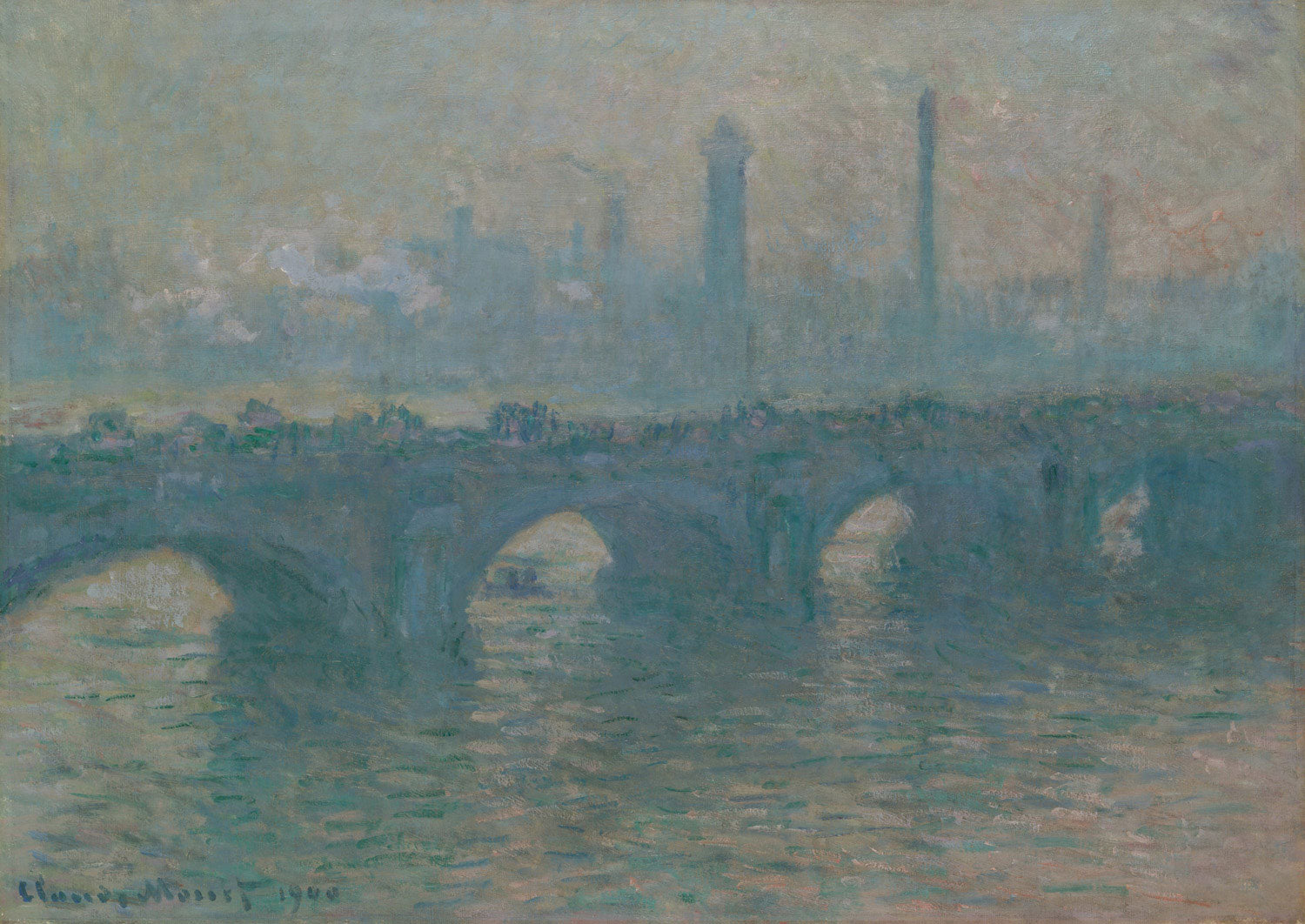 Waterloo Bridge, Gray Weather von Claude Monet zeigt die berühmte Londoner Brücke in einem grauen, nebligen Wetter, das eine mystische und ruhige Atmosphäre schafft. Die Impressionistische Darstellung betont weiche Farbverläufe und das fließende Zusammenspiel von Licht und Farbe, ohne klare Konturen.