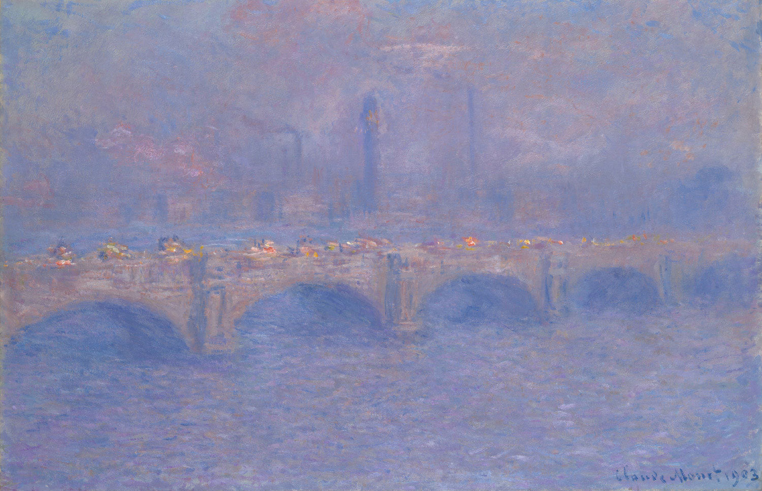 Waterloo Bridge, Sunlight Effect“ von Claude Monet zeigt die berühmte Brücke in London bei Morgenlicht, eingefangen in einem Moment des weichen Sonnenlichts und Nebels, der die Atmosphäre des Flusses und der Umgebung betont. Monet verwendet lebendige Farben und leichte Pinselstriche, um die flimmernden Lichtverhältnisse und die dampfige Luft zu zeigen, die von den Schiffen und Fabriken auf dem Wasser aufsteigen.