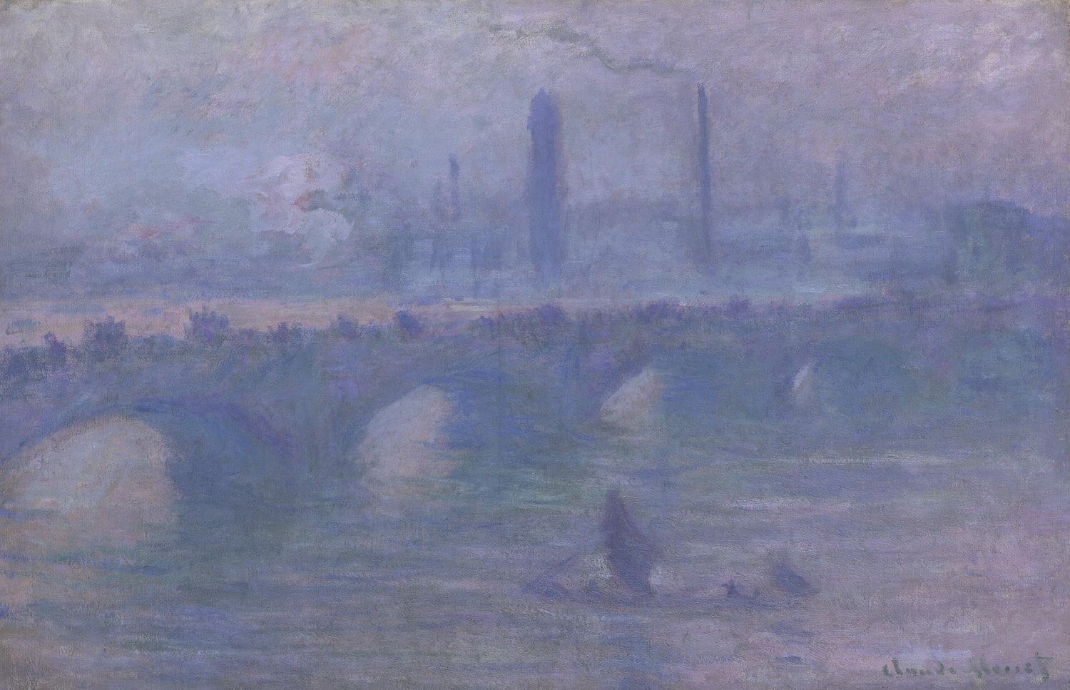 Impressionistische Darstellung der Waterloo-Brücke in London, eingehüllt in sanften Morgennebel mit weichen Blau-, Violett- und Goldtönen, gemalt von Claude Monet.