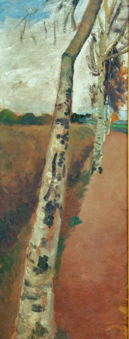 Kunstdruck von „Weg mit Birken“ von Paula Modersohn-Becker. Ausdrucksstarke Landschaftsdarstellung mit Birken und natürlicher Atmosphäre, in Deutschland handgefertigt.