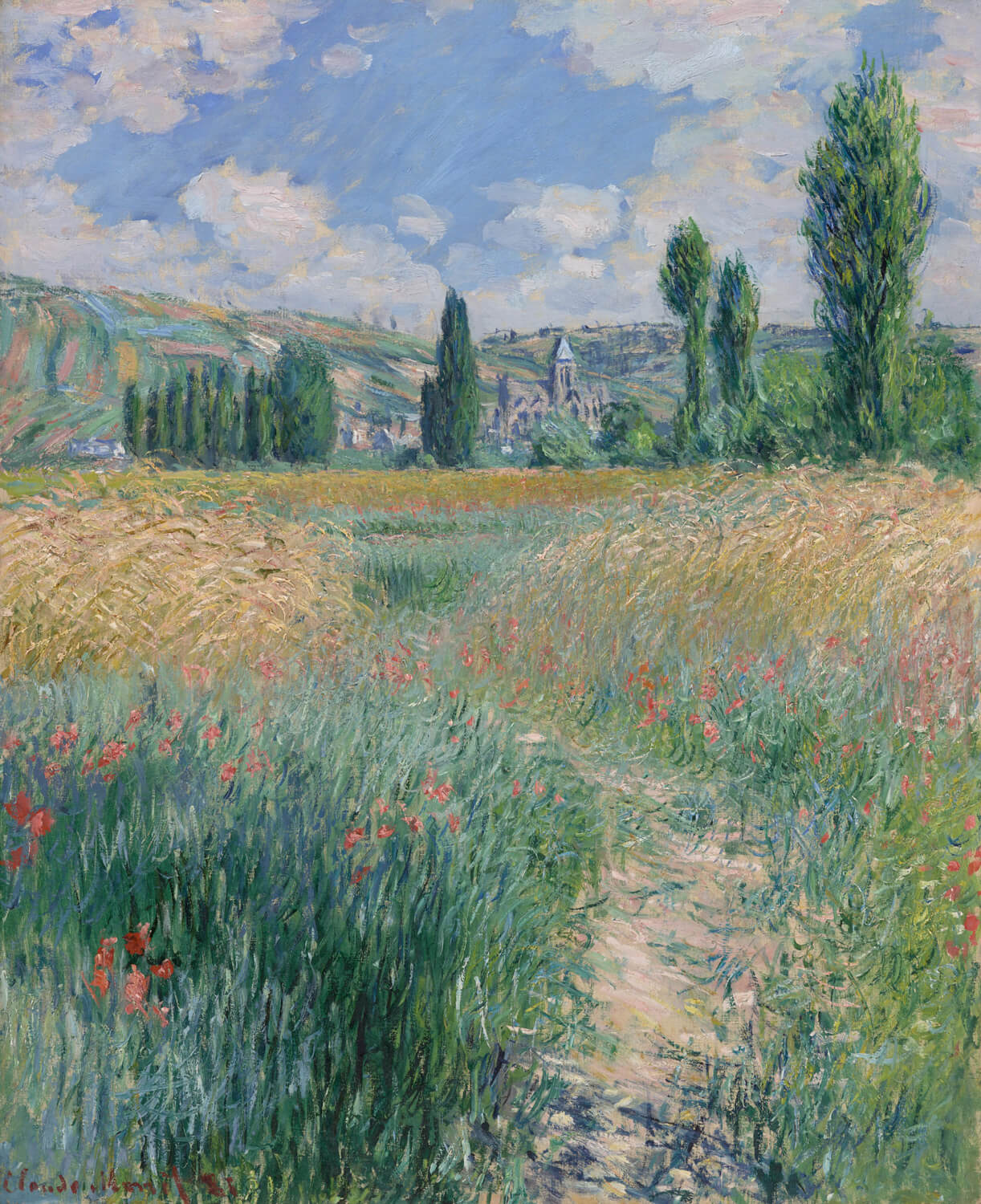 Impressionistische Landschaft mit einem gewundenen Weg auf der Insel Saint Martin in Vétheuil, umgeben von blühenden Bäumen und sonnigem Lichtspiel, gemalt von Claude Monet.