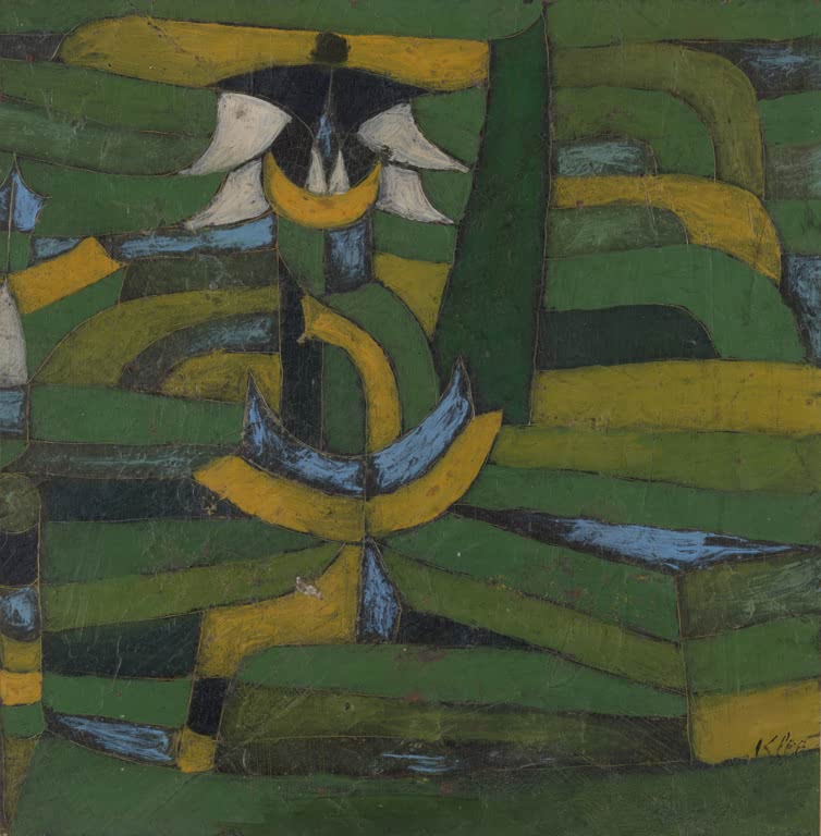 Kunstdruck „Weiße Blüte im Garten“ von Paul Klee mit stilisierter weißer Blüte und abstrakter Gartenkomposition