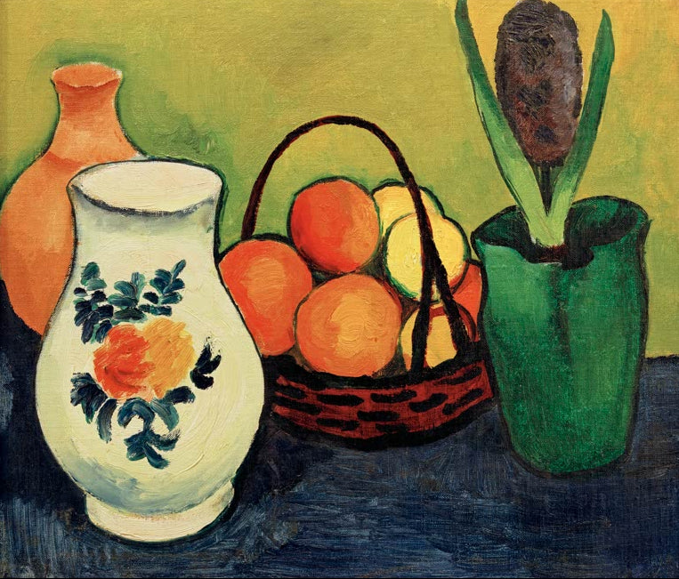 Kunstdruck des Gemäldes „Weißer Krug mit blauen Früchten“ von August Macke. Hochwertig in Deutschland von Hand gefertigt, erhältlich als Poster oder Leinwand und optional gerahmt.