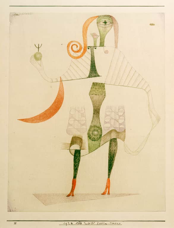 Kunstdruck des Gemäldes Weibl. Kostüm-Maske von Paul Klee, handgefertigt in Deutschland als hochwertiger Kunstdruck.