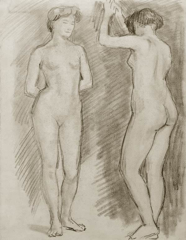 Kunstdruck des Gemäldes „Weibliche Akte“ von August Macke. Hochwertig in Deutschland von Hand gefertigt, erhältlich als Poster oder Leinwand und optional gerahmt.
